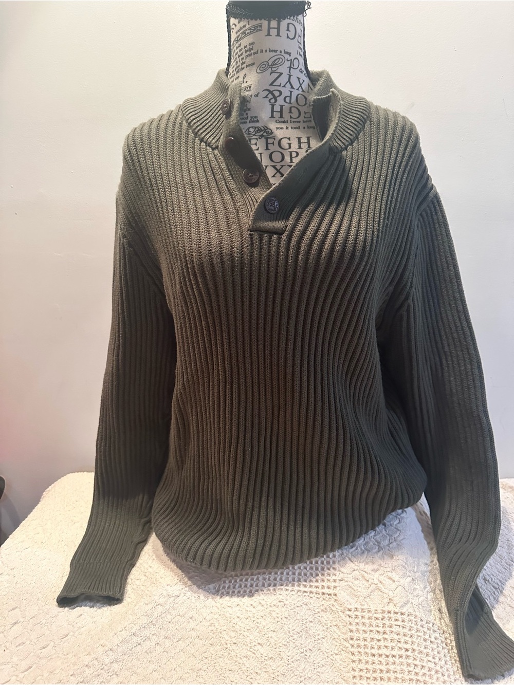 L.L. Bean Olive Ribbed Button-Neck Sweater
